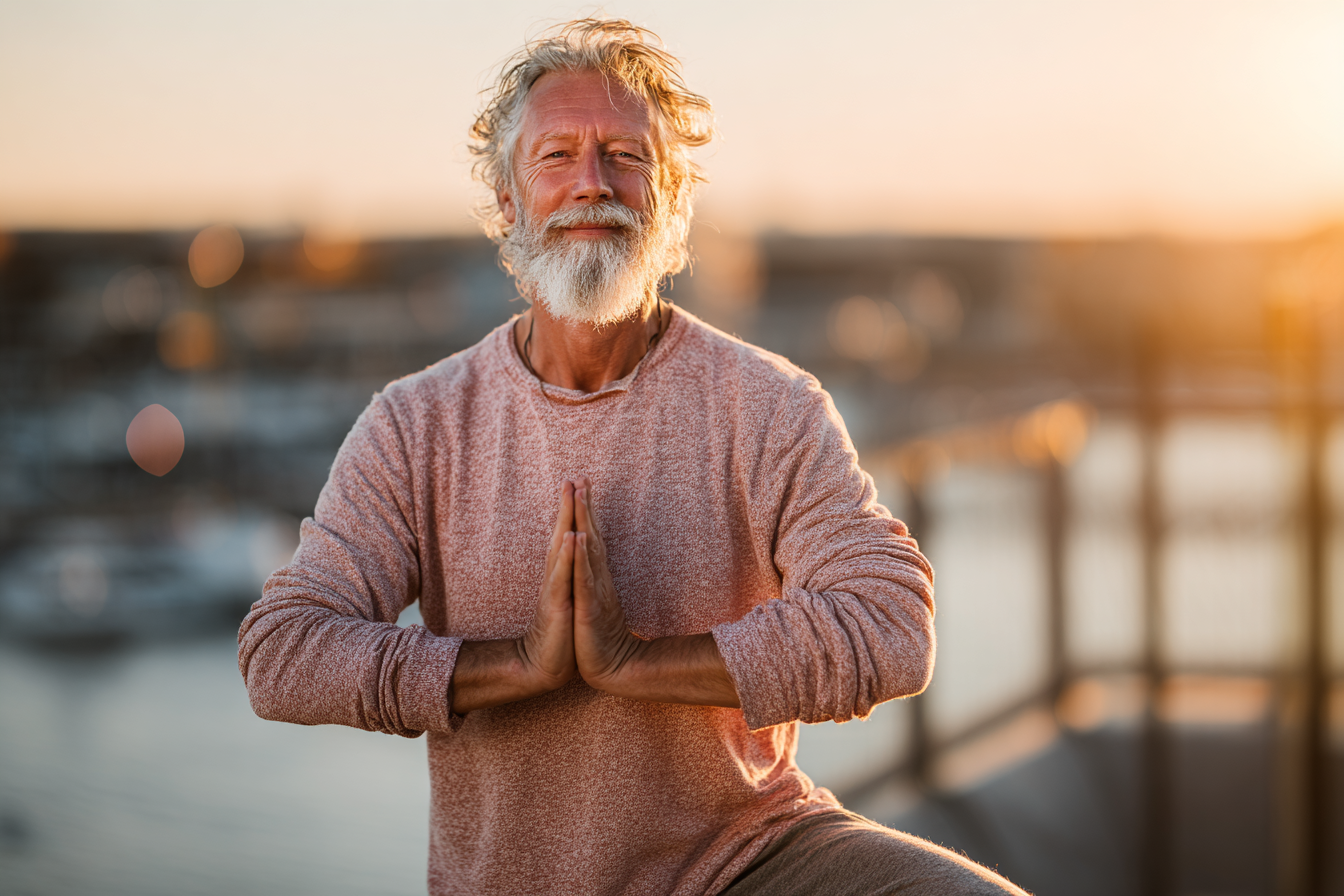 Люди старшого віку займаються йогою на природі